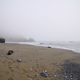 Ocean, rocks, sand, and mysterious fog.